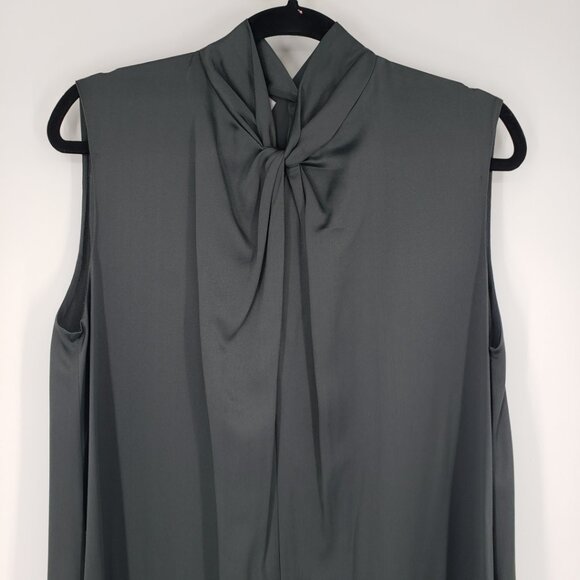 Vince 100% Silk Midi Dress L High Knotted Neck Sleeveless Shift High Low Gray - Picture 5 of 9